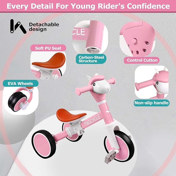 Toddler Balance Bike with Light & Music, Tricycle for Toddlers 1-5 Year Olds, Toddler Tricycle for Boys Girls, Kids Bicycle with Removable Pedal, Birthday Gifts for 1 2 3 4 5 Year