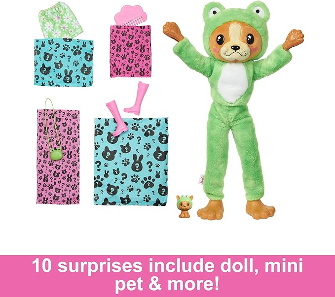 Barbie Cutie Reveal Doll & Accessories with Animal Costume & 10 Surprises Including Color Change, Puppy as Frog in Costume-Themed Series