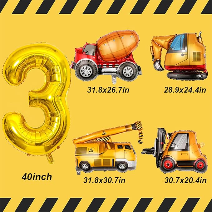 Construction Birthday Party Supplies 3 Year Old, Large Construction Balloons 40Inch Gold Number 3 Balloon Construction Truck Foil Balloons for Boys 3rd Construction Birthday Party Decorations
