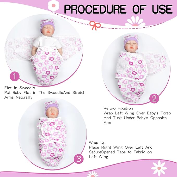 Reborn Baby Doll Swaddle Blanket 17-22 Inch Girl Purple Flowers Wrap Blanket 2 Pcs - Swaddle Blanket + Hat, Reborn and Newborn Baby Doll Clothes Accessories