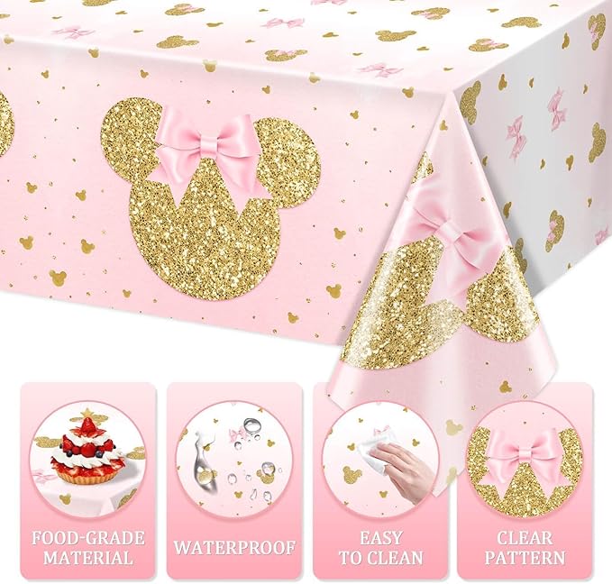 3 Pieces Pink Mouse Birthday Tablecover Gold Mouse Head Cartoon Plastic Party Tablecloth Disposable Table Decoration for Kids Girls