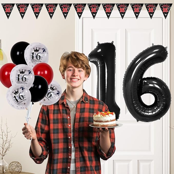 16th Birthday Decorations for Boys Girls, Red Black Happy 16th Birthday Boy Decorations Door Banner, Sweet 16 Birthday Party Balloons Decoration Large 16 Balloons Triangle Flag Decor for 16 Year Old