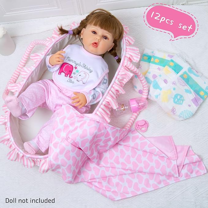 PEDOLLTREE 12 Pcs Reborn Baby Dolls Clothes Girl Pink Elephant Outfit Accessories for 17-22 Inch Reborn Doll Newborn Girl with Pink Heart Bassinet