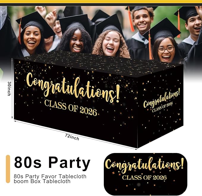 Oudain 6 ft Graduation Tablecloth Congratulations Class of 2026 Party Decorations 72 x 30 Inches Class of 2026 Table Cover Waterproof Washable Fabric Polyester Rectangle for Graduation Party Supplies