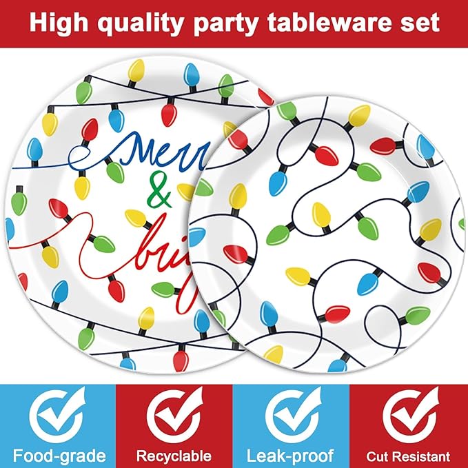 96PCS Merry Christmas Party Tableware Set Christmas Lights Party Supplies Merry and Bright Disposable Dinnerware Plates Napkins Forks with Holiday String Lights for Christmas Birthday Party Favors