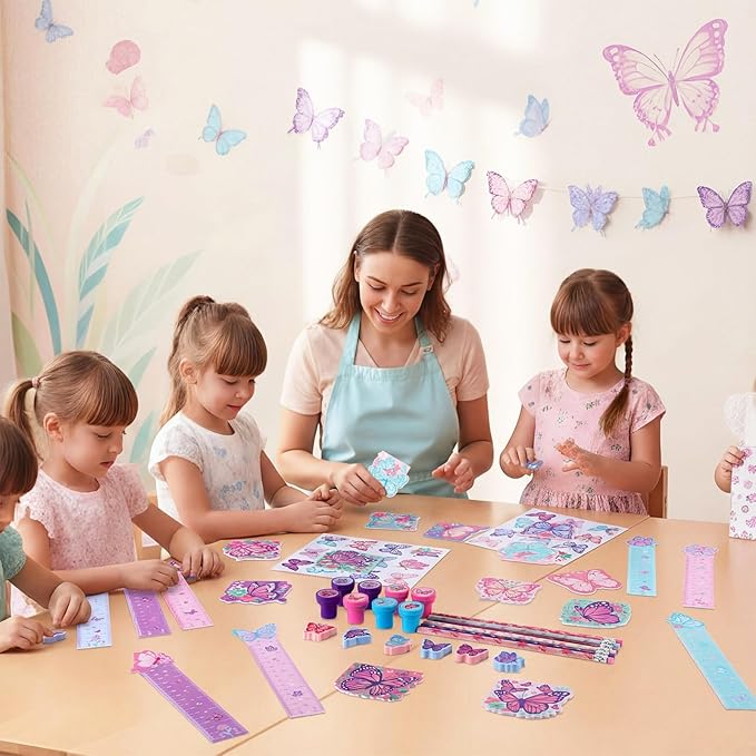 Pajean 168 Pcs Butterfly Party Favors Set Butterfly Fairy Stationery Bulk for Kids Purple Pink Pencil Notebook Ruler Stamp Goodie Bag Stuffers for Spring Birthday Tea Party Items Rewards