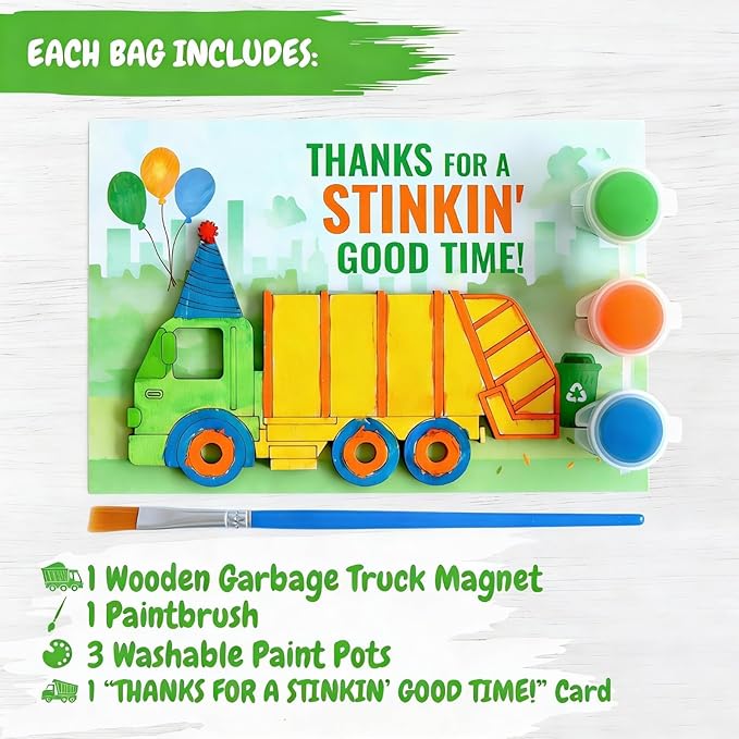 12 Pack Garbage Truck Party Favors for Kids – Individually Wrapped Paint Your Own Wooden Magnet Craft Kits with Thank You Card, Trash Day Birthday Supplies for Boys & Girls