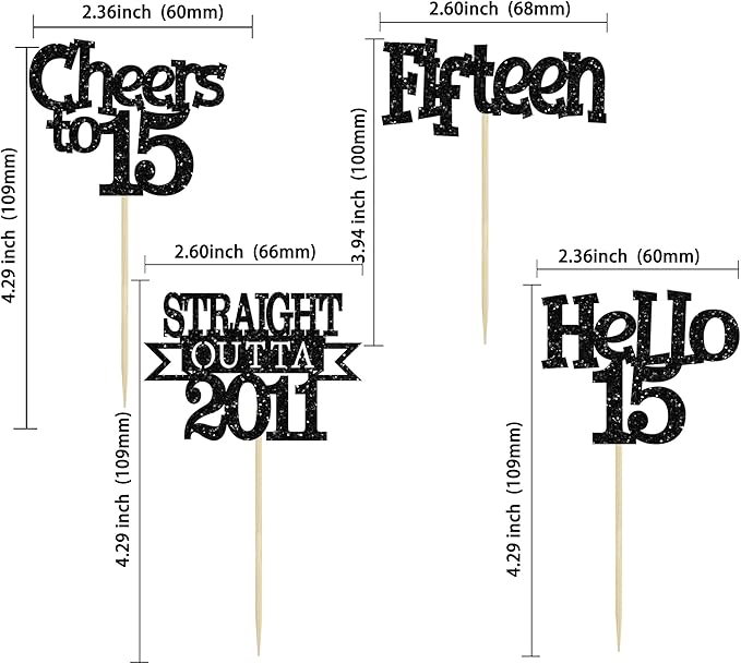 Ephlyn 24Pcs 15th Birthday Cupcake Toppers Glitter Straight Outta 2011 Cupcake Picks Hello 15 Cheers to 15 Years Cake Decorations for 15th Birthday Anniversary Party Decorations Supplies Black