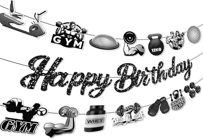 CC HOME 3Pcs Gym Happy Birthday Banner Barbell Boxing gloves Party Hanging Banner Fitness Theme Birthday Bridal Wedding Baby Shower Boys Girls Kids Home Classroom Party Supplies Decorations