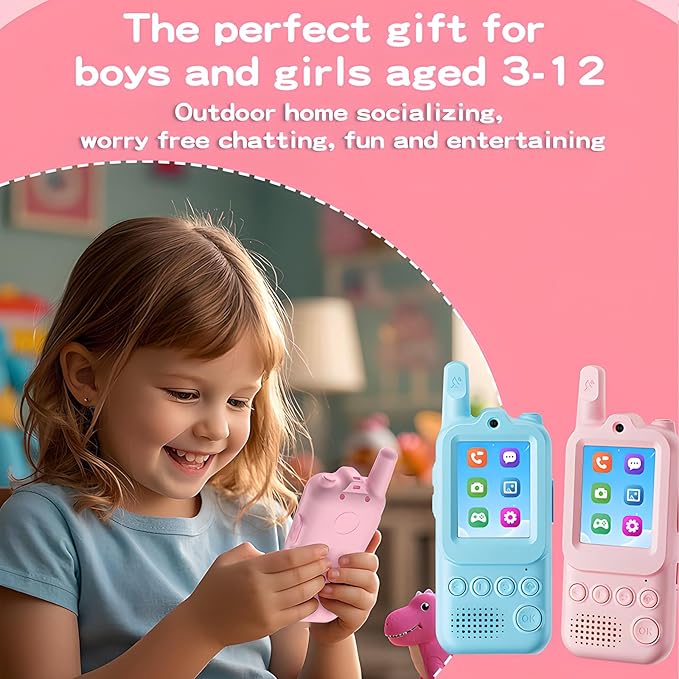 Upgraded Video Walkie Talkies for Kids Ages 3–10, Kids Walkie Talkies 2 Pack with with Micro Chat and Games, Interactive Video and Long Range, Rechargeable Outdoor Camping Gift for Boys & Girls