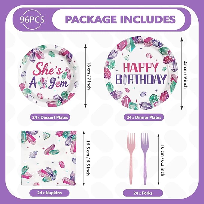 96Pcs Pink & Purple Gem Stone Birthday Party Supplies She's a Gem Plates and Napkins Disposable Pink Purple Jewel Crystal Diamond Tableware Set for Girls Happy Birthday Party Decorations Serves 24