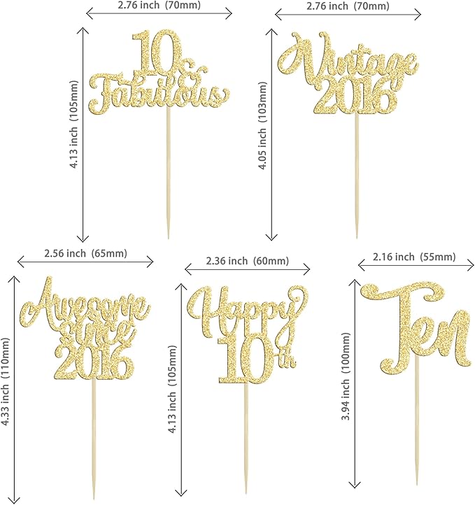 30Pcs Vintage 2016 Cupcake Toppers Glitter Happy 10th Birthday 10 Fabulous Cupcake Picks Cheers to 10 Years for 10th Birthday Wedding Anniversary Party Cake Decorations Supplies Gold