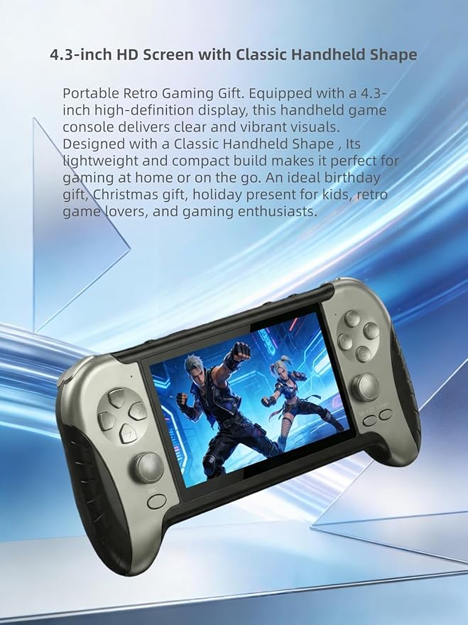 4.3-Inch HD Screen Portable Retro Game Console with Built-in Classic Games – Instant Save, TV Output, Video/Music Player, Rechargeable Battery, for Teens & Adults