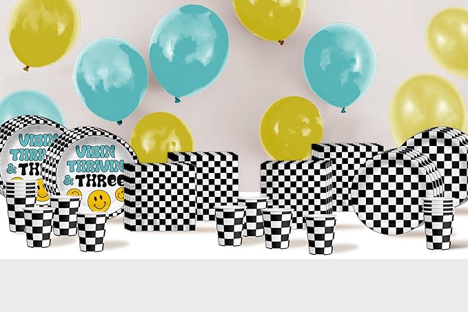 Vibin Thrivin' and Three Smiley Face 3rd Birthday Party Supplies - 64 Piece Boys Third Birthday Tableware Set Includes Large 9" Dinner Plates and 8" Dessert Paper Plates Napkins Cups - Kit for 16
