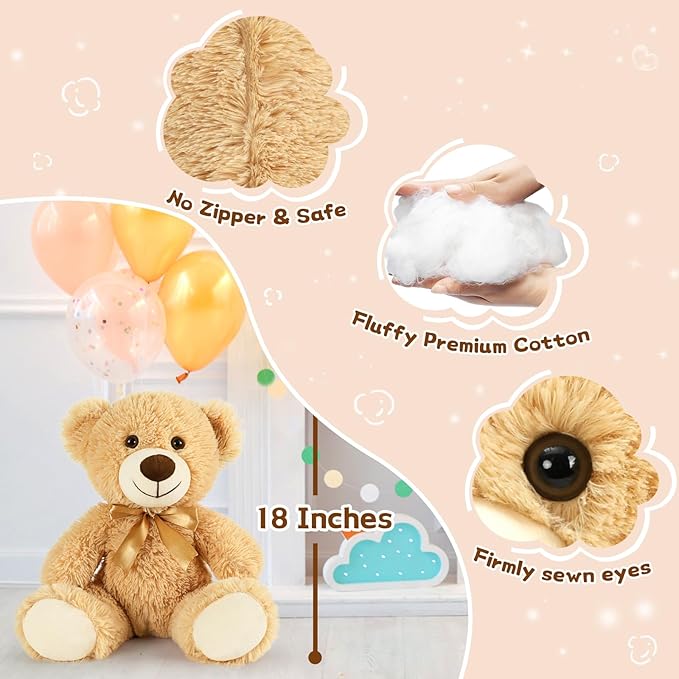 MorisMos Medium Teddy Bear Stuffed Animals, 18 Inch Bulk Teddy Bears Plush for Kids, Medium Size Bears for Nursery, Baby Shower