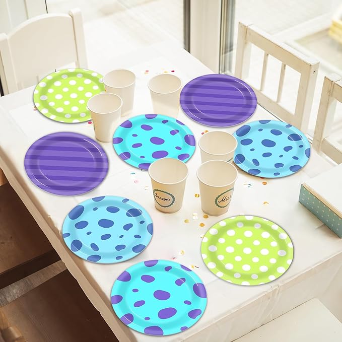 48PCS Monster Birthday Party Paper Plates for Monster Theme Party Table Supplies 7" Cartoon Blue Green and Purple Disposable Dessert Plates Tableware for Kids Birthday Baby Shower Decorations
