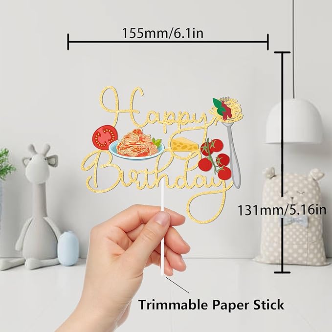 Gold Glitter Happy Birthday Pasta Cake Topper Cheer to Food Spaghetti Theme Party Decoration Supplies Men Women Happy Birthday Anniversary Wedding Party Decor Supplies
