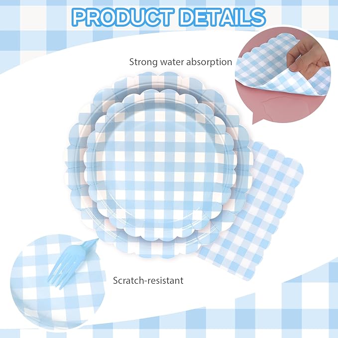 96Pcs Blue Gingham Plates and Napkins Forks Lace Plaid Paper Plates for 24 Guest Picnic Wedding Baby Shower Tea Kids Birthday Party Supplies Decrations