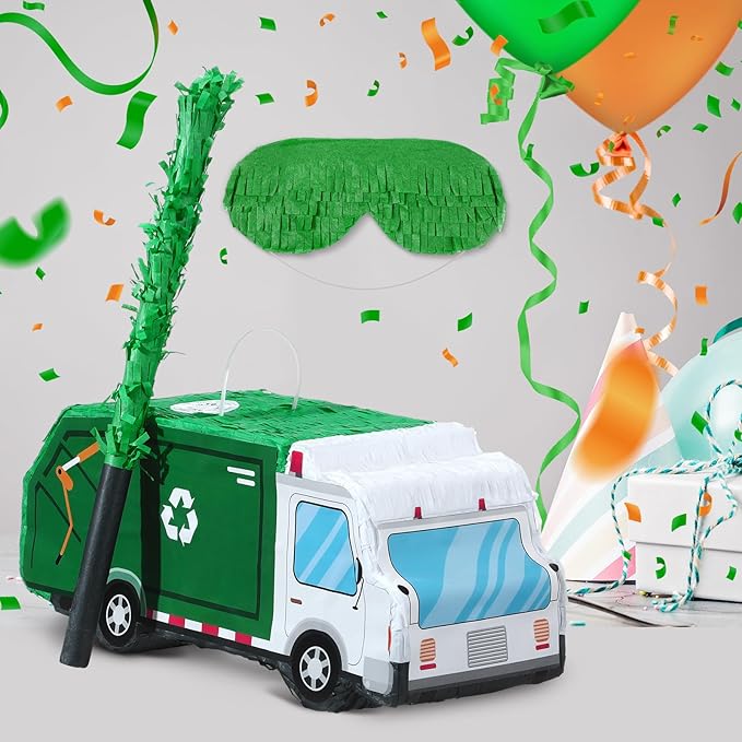 Garbage Truck Piñata 3D Trash Truck Birthday Decorations with a Blindfold and Bat for Kids Girls Boys Gift Holiday Piñata Party Baby Shower Supplies