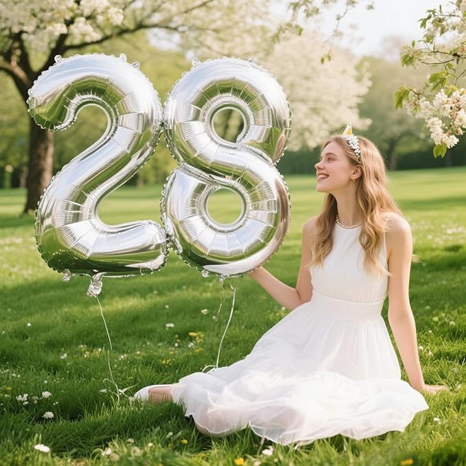 40 Inch Silver Number 28 Digital Balloon,Jumbo Mylar Foil Helium Balloon for 28 Balloons for Birthday Party,Wedding Anniversary Party Decorations
