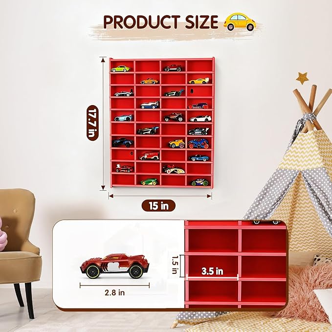 Toy Car Display Shelf, Holds 40 Diecast 1/64 Toys Car, Wall Mount Model Cars Storage Organize Case (red 1/64 Toy Car Display Shelf)