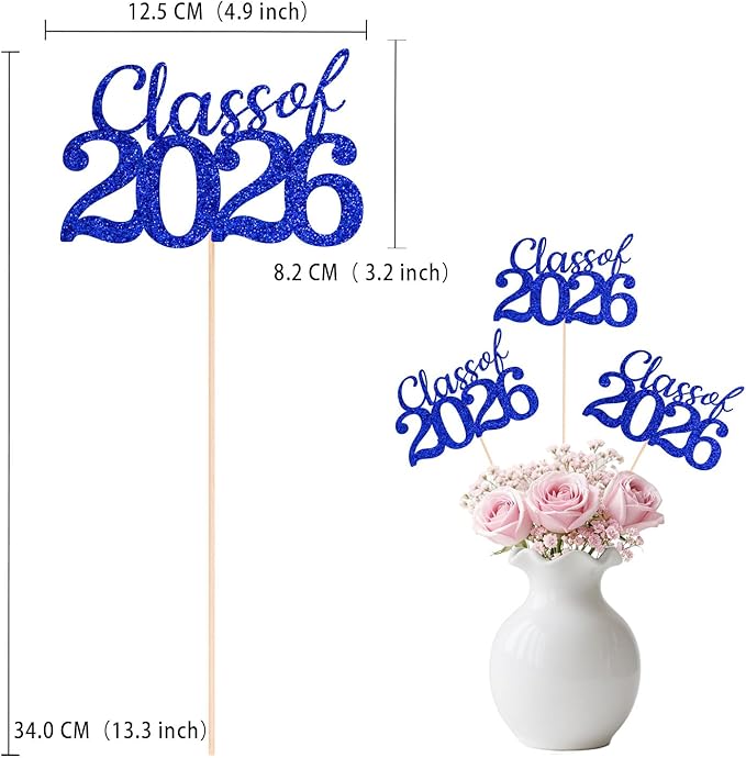 Blue Class of 2026 Double-sided Graduation Table Centerpieces, 12 Pcs Grad Party Decorations with Sticks, Graduation 2026 Party Supplies for Table Decor