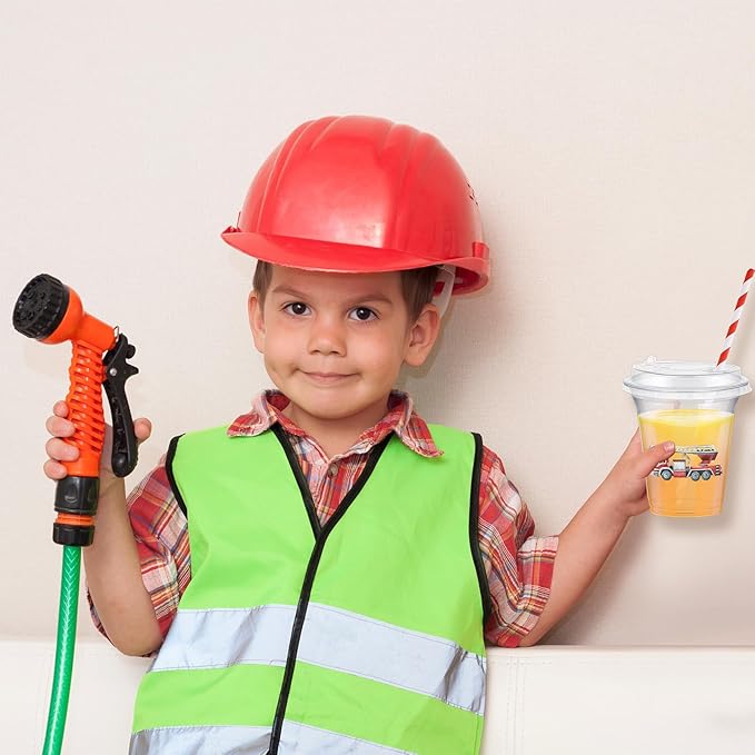 Boao 36 Pcs Watercolor Fire Truck Party Cups with Lids and Paper Straws 14 oz Disposable Clear Plastic Cups for Firefighter Birthday Party Favor Supplies Decorations