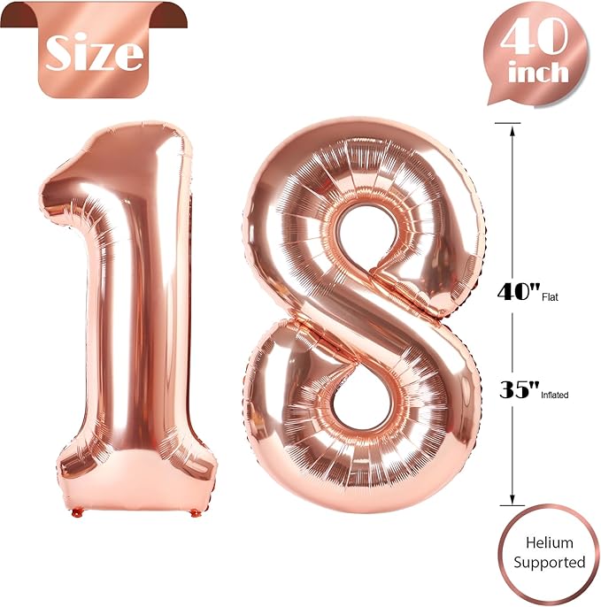 Rose Gold Number 18 Balloon 40 inch, 18 Number Balloons, 18th Birthday Decorations, 18 Year Old Women Men Rose Gold Party Supplies