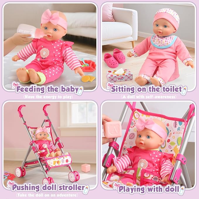 Baby Doll with Stroller Set with 12.5" Baby Dolls, Handbag, 2 Sets Doll Clothes and 16 PCS Doll Accessories. Baby Stroller Toys for Toddler Girls Kids Ages 3-5 4-6 for Pretend Play.