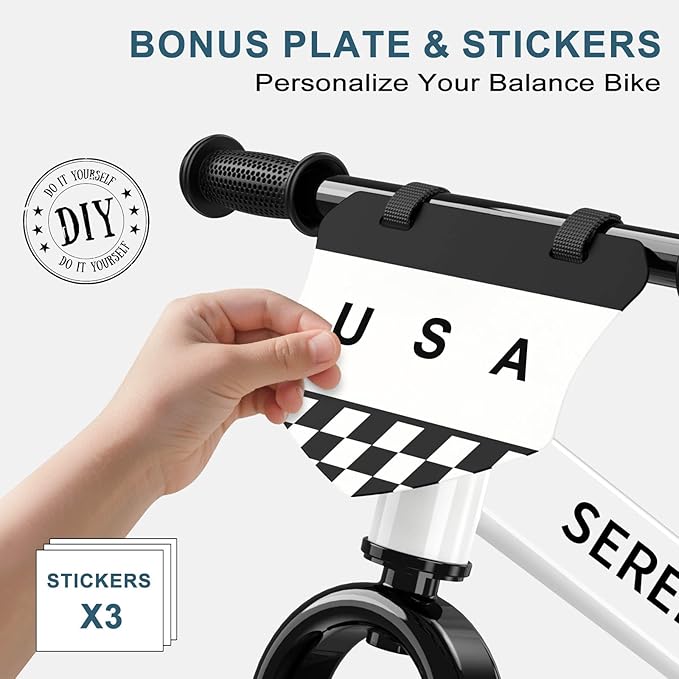 SEREED Toddler Balance Bike 2 Year Old, No Pedal Kids Toy Bike for 2-5 Years Old, Tool-Free Adjustment, Gift for 2-3 Boys Girls, Customize Plate with 3pcs Stickers (White)