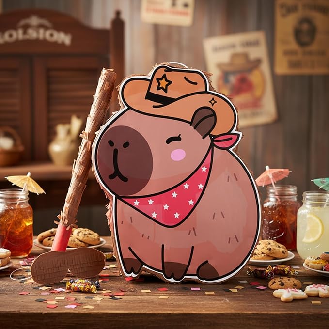 Western Capybara Piñata for Kids Birthday Party 15.7 x 10 x 2.8 Inches Cowboy Hat Animal Piñata with Bat Blindfold and Confetti for Christmas Baby Shower Photo Props Decoration