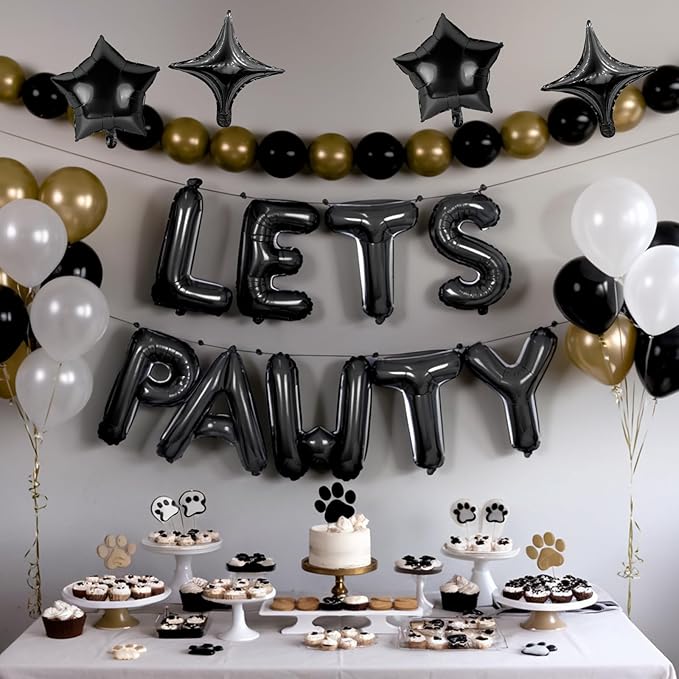 Lets Pawty Balloons Banner 16 Inch,Black Dog Birthday Decorations with 4pcs 10 Inch Star Balloons,Paw Foil Letter Balloon for Dogs Paw Pet Puppy Theme Party Supplies