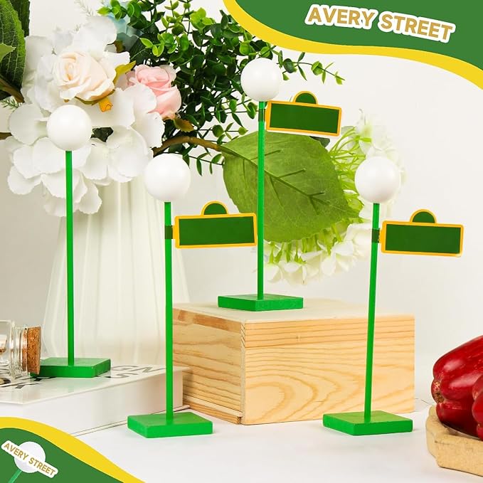 8'' Wooden Street Lamp Post Centerpieces 6 Pack with 24 Road Sign Stickers, 3D Ball Top Street Sign Decorations for City Road Theme Party, Birthday Party Table Centerpieces, Street Party Supplies