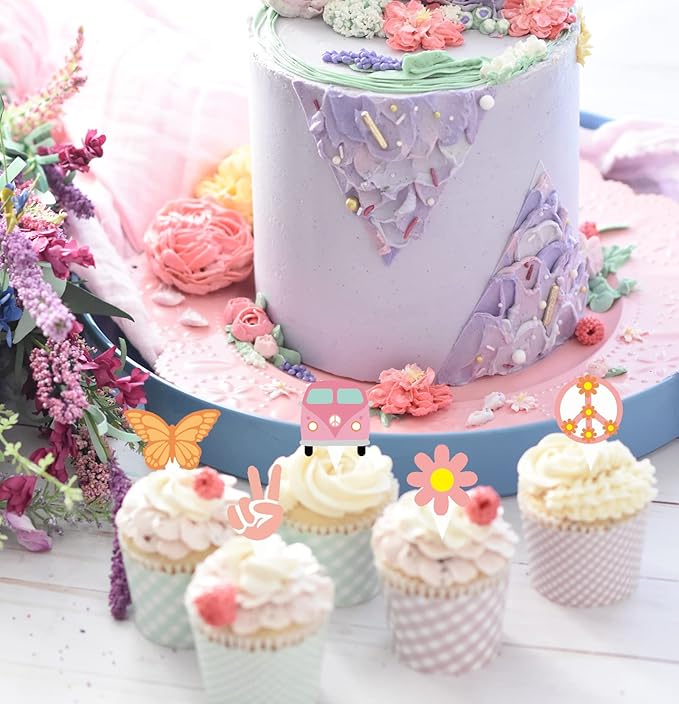 48Pcs Hippie Party Cupcake Toppers for Two Groovy Birthday Party Decorations Boho Rainbow Party Supplies