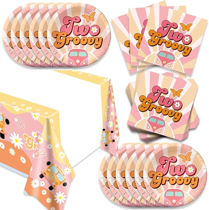 41pcs Two Groovy Party Supplies,include 20 Dessert Plate,20 Napkin and 1pcs Tablecloth,Used for Retro Hippie Rainbow Boho Birthday Party Decoration
