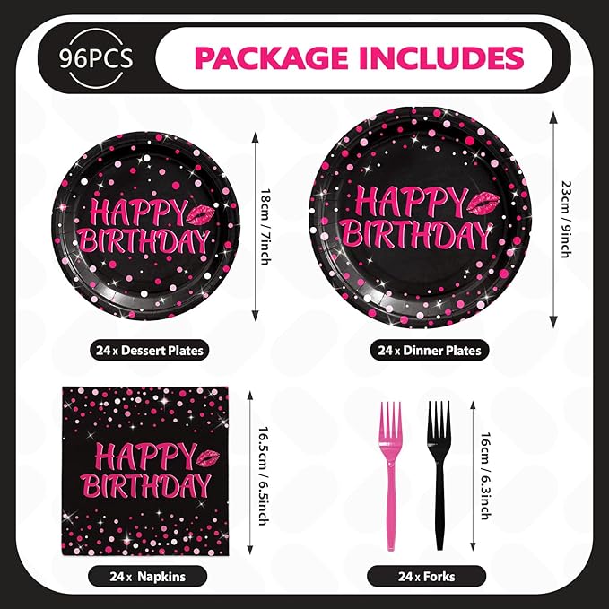 Grencian 96Pcs Hot Pink and Black Birthday Party Supplies Hot Pink Dots on Black Paper Plates and Napkins Disposable Happy Birthday Tableware Set for Women Black and Pink Birthday Decorations Serves24