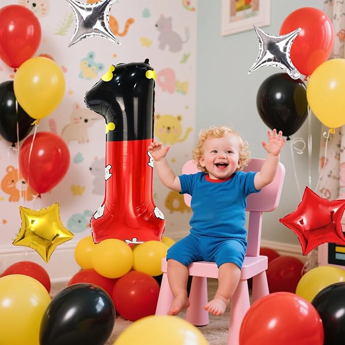 YIIHMEI 1st Mouse Balloons Birthday Decorations Baby Shower Party Supplies Boy Red And Black Foil Balloon Banner 40inch Number