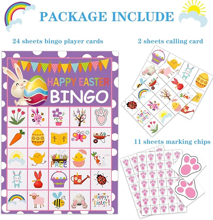 Easter Crafts for Kids, Easter Games for Kids, Easter Bingo, Fun Easter Bunny Bingo Cards for 24 Players, Easter Activities, Easter Party Supplies Favors for Family School Classroom