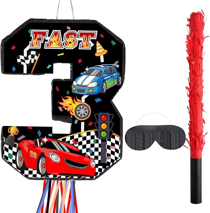 Race Car Piñata Pull String Cars Piñatas for Birthday Party Decorations Number 2 3 4 5 6 with Blindfold Stick Small Red Black Racing Theme 2nd 3rd 4th 5th 6th Party Supplies(Number 3)