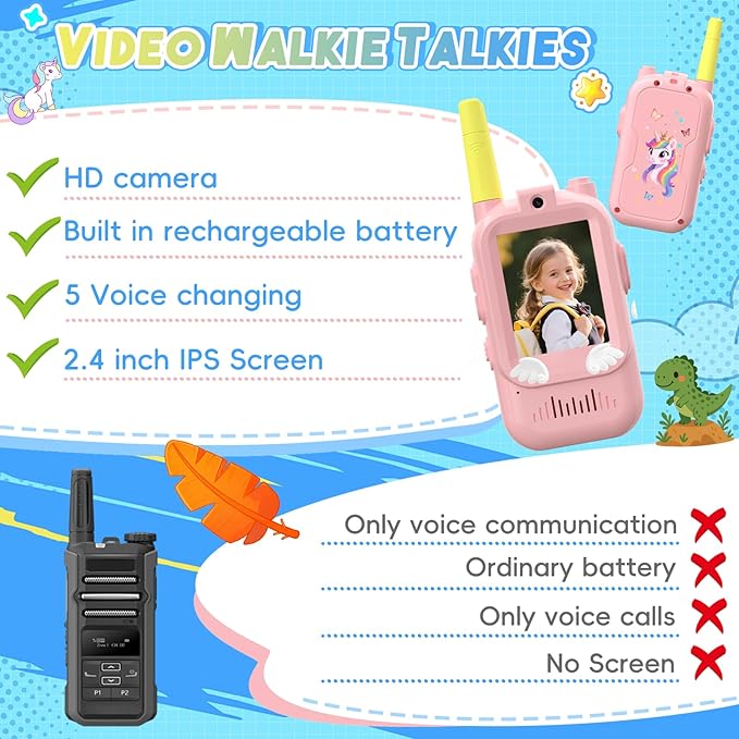 Video Walkie Talkies for Kids,ELFEYE Handheld Rechargeable Video/Voice Call Children Walkies Talkies,Toddler Toy for Indoor Outdoor Games,Camping Hiking,Gift for Kids Ages 3-12 (Pink/Pink)