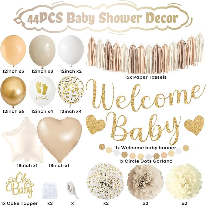 Neutral Gold Baby Shower Decorations for Boys Girls, Boho Welcome Baby Banner Gold Cream Beige Sand White Confetti Latex Balloons Oh-Baby Cake Topper Pom Poms for Baby-Shower Birthday Party Decoration