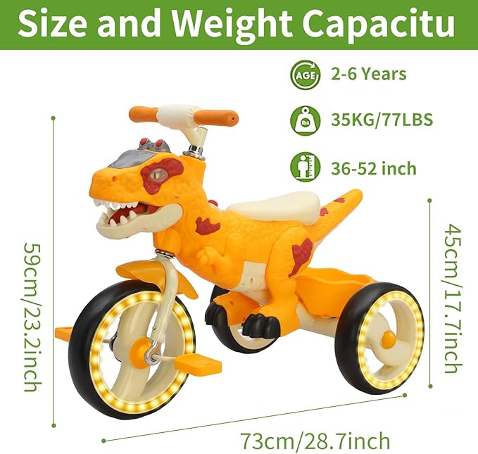 Dinosaur Kids Tricycle for Rider- Toddlers Kid Trike Bike Big Wheel with Music, Storage Basket,Light Wheel, Indoor/Outdoor Preschool Daycare Kids Bike,Best Gift for 3-7 Year Old Girls & Boys (Yellow)