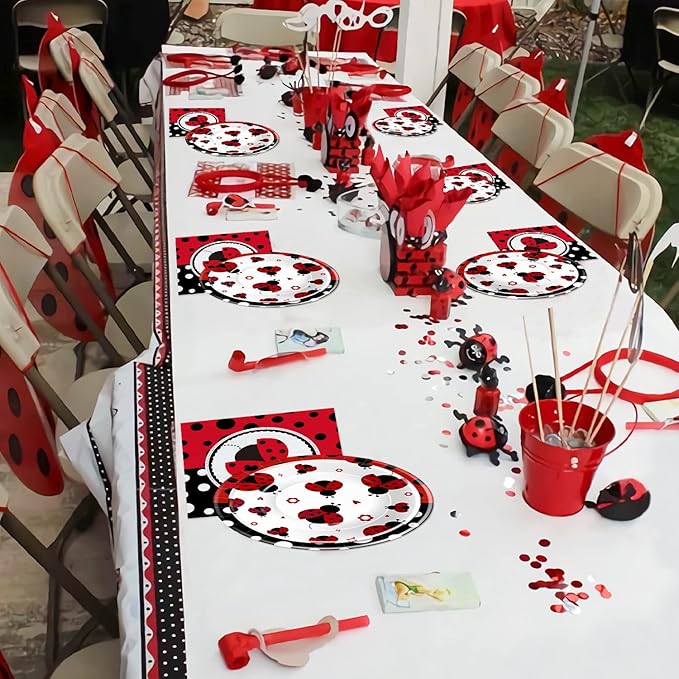 Xigejob Ladybug Birthday Party Decorations Tableware, Ladybug Party Supplies Girl for Birthday Baby Shower, Paper Plate, Cup, Napkin, Tablecloth, Disposable Cutlery, Straw, Serves 24