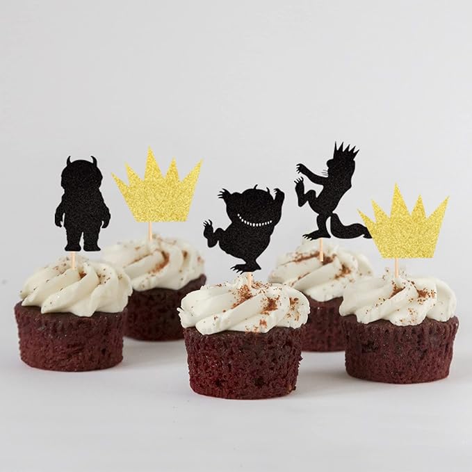 24 PCS Glitter Where The Wild Things Are Inspired Cupcake Toppers Wild one Crown Cupcake Picks Baby Shower Kids Birthday Party Cake Decorations Supplies