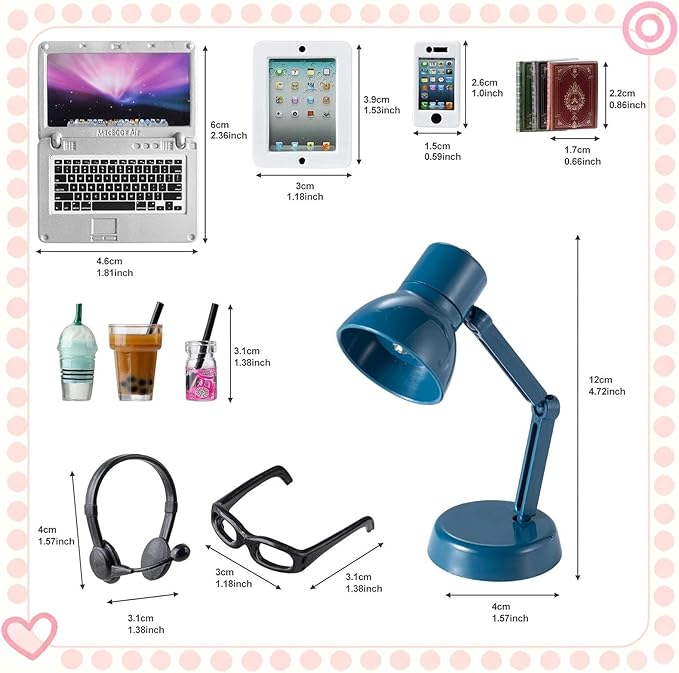 12Pcs Dollhouse Miniature Laptop Computer Tablet Phone Lamp Book Glasses Coffee Headset Simulation Accessories 1/12 1/6 Toy Pad Play Set Fits Barbie Doll Girl Mini Drink Party Office (Bule)
