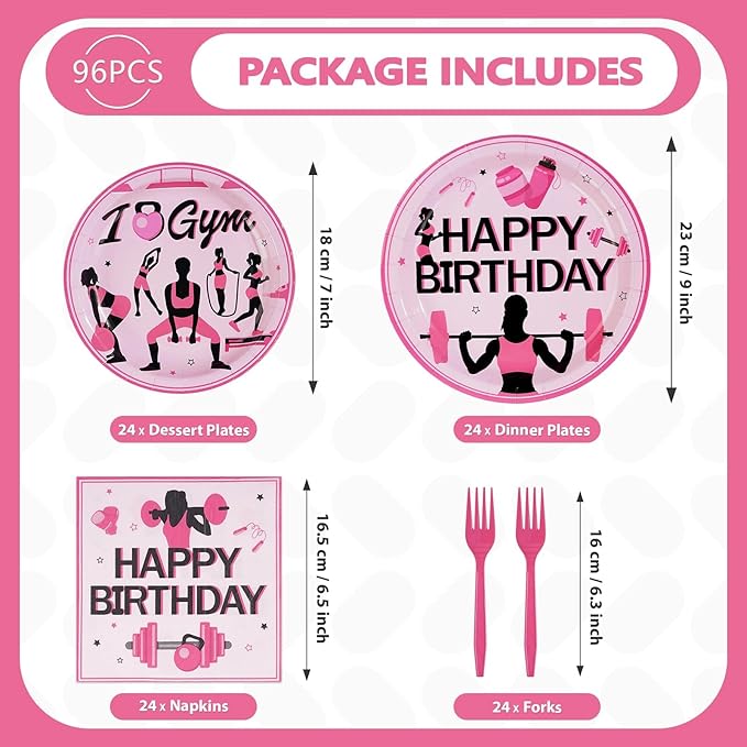 96Pcs Gym Happy Birthday Party Decoration Black and Pink Work Out Weight Plates and Napkins Disposable Weightlifting Equipment Tableware Set for Bodybuilding Girl Birthday Party Supplies Serves 24