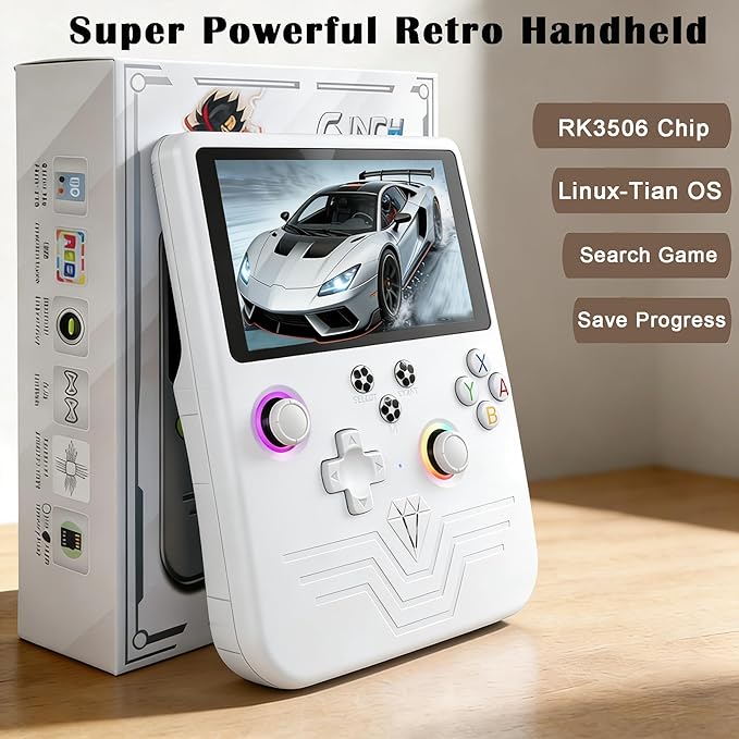 RegiisJoy R60 MAX 40000 in 1 Handheld Game Console, 5.5 Inch IPS Screen Retro Gaming Consoles Main Emulators, Portable Mini Pocket Arcade 6000mAh Battery,128G TF Card,RGB Joysticks White