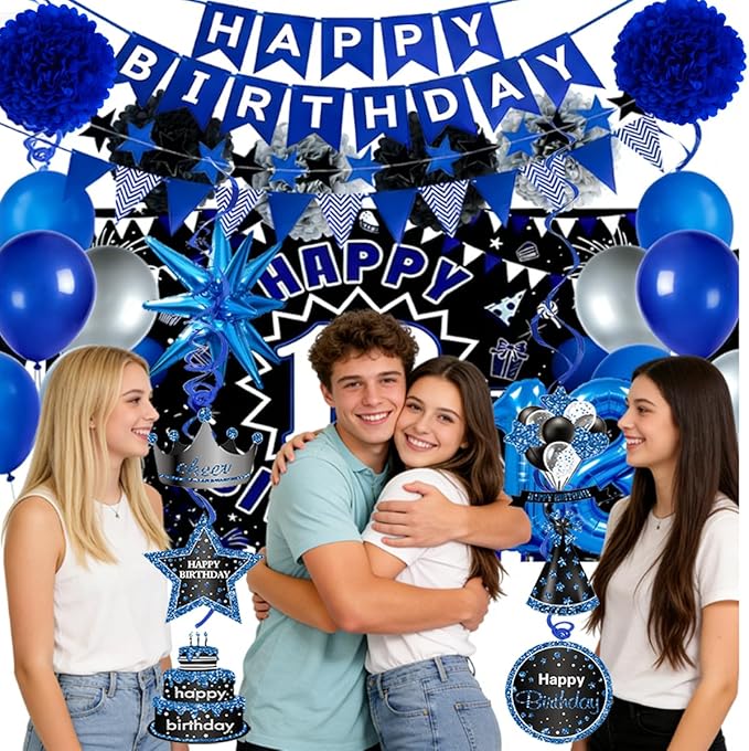 Blue Black 18th Birthday Decorations for Boys, 18 Birthday Banner & Balloons Set with Backdrop, Large 18 Foil Balloon, Hanging Swirls – Complete 18 Year Old Party Supplies.