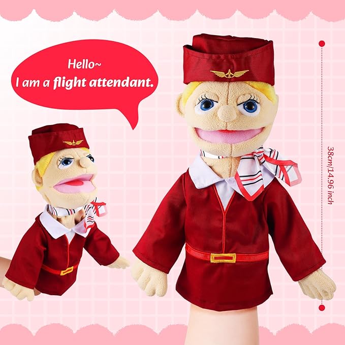 Role Play Hand Puppets Hand Plush Chef Doctor Fireman Pirate Detective Athlete Nurse Worker Hand Puppet Toys Puppets for Kids Storytelling Imaginative Pretend Play Teaching Preschool(Stewardess)