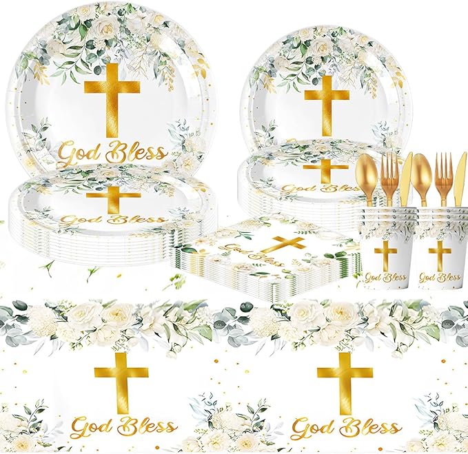 81Pcs God Bless Party Tableware Set First Communion Party Decoration,Newborn Baptism Church Birthday Party Supplies